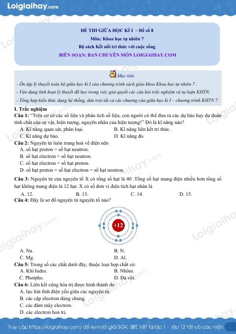 Đề thi giữa kì 1 KHTN 7 Kết nối tri thức - Đề số 8